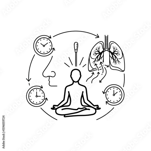 A line art illustration of meditation with respiratory system and time clocks in a circular design