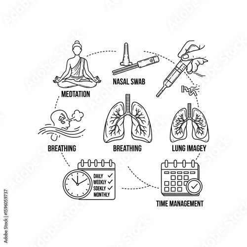 Line art illustration depicting respiratory health and wellness practices in a circular diagram