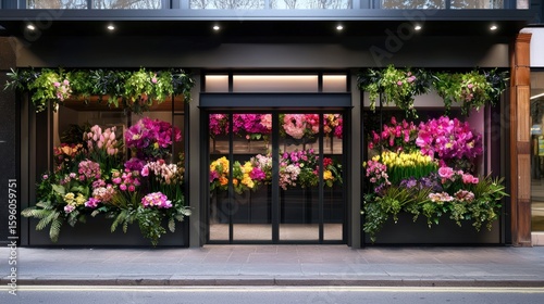 Elegant flower shop front with vibrant floral displays and modern design details