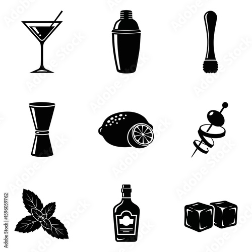 Collection of black and white cocktail ingredients and bar tools arranged on a white background