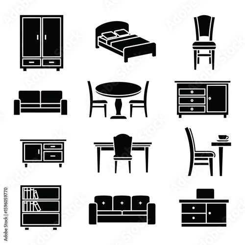 Collection of furniture icons including beds sofas chairs and tables in a flat design style