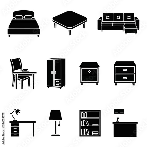 Illustration of bedroom and living room furniture including bed sofa and desk in black and white