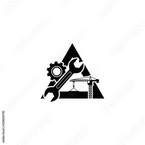 A black and white graphic design with a gear wrench and crane inside of a triangle shape logo design