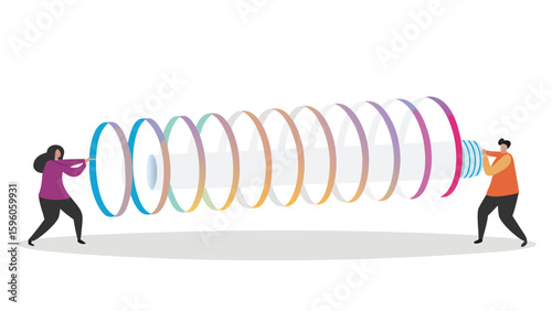 People pulling on a large expanding colorful tube structure in a tug of war illustration style image