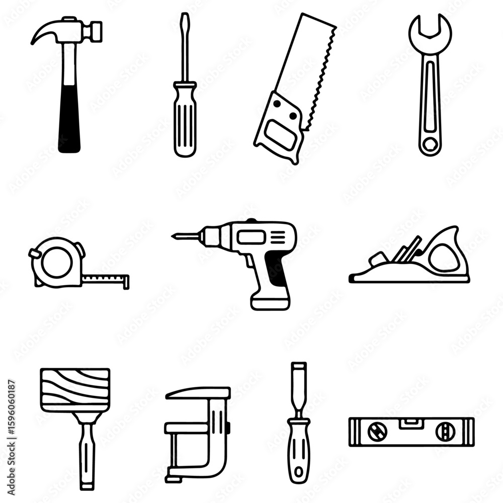 Fototapeta premium Monochrome Carpentry Tools Vector Line Icon Set