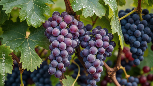 Close-up of a fresh grape cluster with morning dew resting on lush green vines, showcasing natural ripeness and vitality.