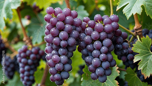 Close-up of a fresh grape cluster with morning dew resting on lush green vines, showcasing natural ripeness and vitality.