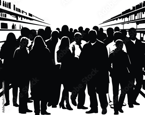 Black and white crowd silhouette shopping in store aisle with shelves people mass
