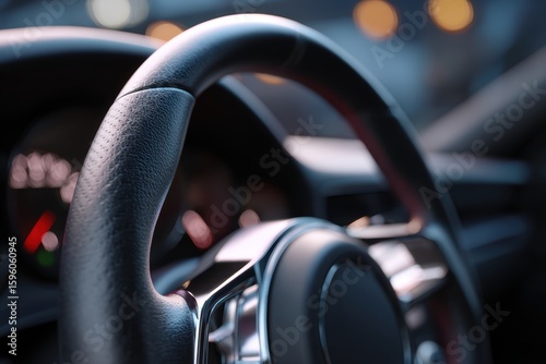 Close-up of a steering wheel in a modern car, focus on technology and control. Driving, automotive.