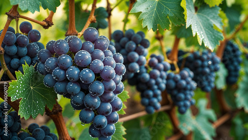 Close-up of a fresh grape cluster with morning dew resting on lush green vines, showcasing natural ripeness and vitality.