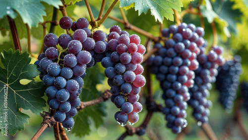 Close-up of a fresh grape cluster with morning dew resting on lush green vines, showcasing natural ripeness and vitality.