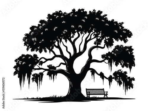  Oak Tree with Hanging Spanish Moss Black and White Nature Vector Illustration