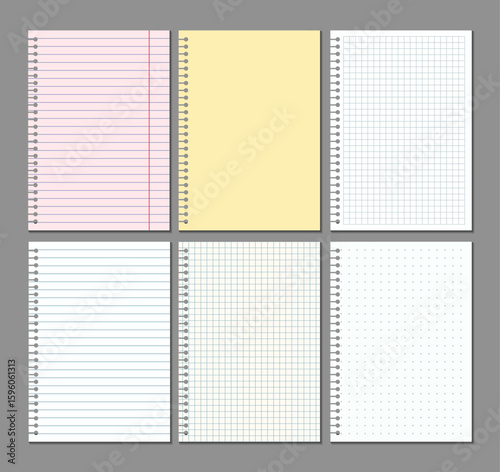 Three styles of white notebook paper — lined, squared, and dotted — displayed on a sleek dark grey backdrop. Ideal for showcasing text, branding, or minimalist design ideas. Vector illustration.