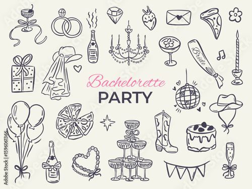 Whimsical hand-drawn bachelorette party icons. Doodle set with cowgirl boots, cocktails, sunglasses, and wedding elements. Retro, feminine, and playful design for bridal invites.