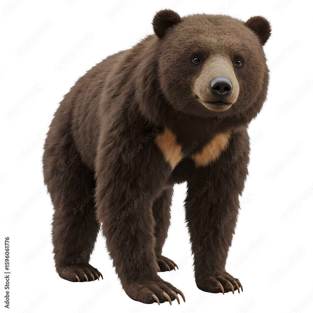 Fototapeta premium Brown Bear in Natural Habitat: A majestic brown bear stands tall, its thick fur and powerful physique dominating the frame, a captivating illustration of the untamed wilderness.