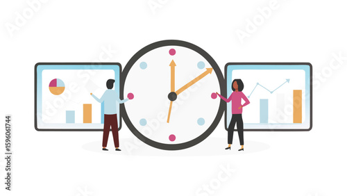 People standing by screens showing charts with a clock in the middle of the image view now