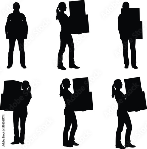 Silhouette woman carrying boxes vector illustration moving relocation delivery service
