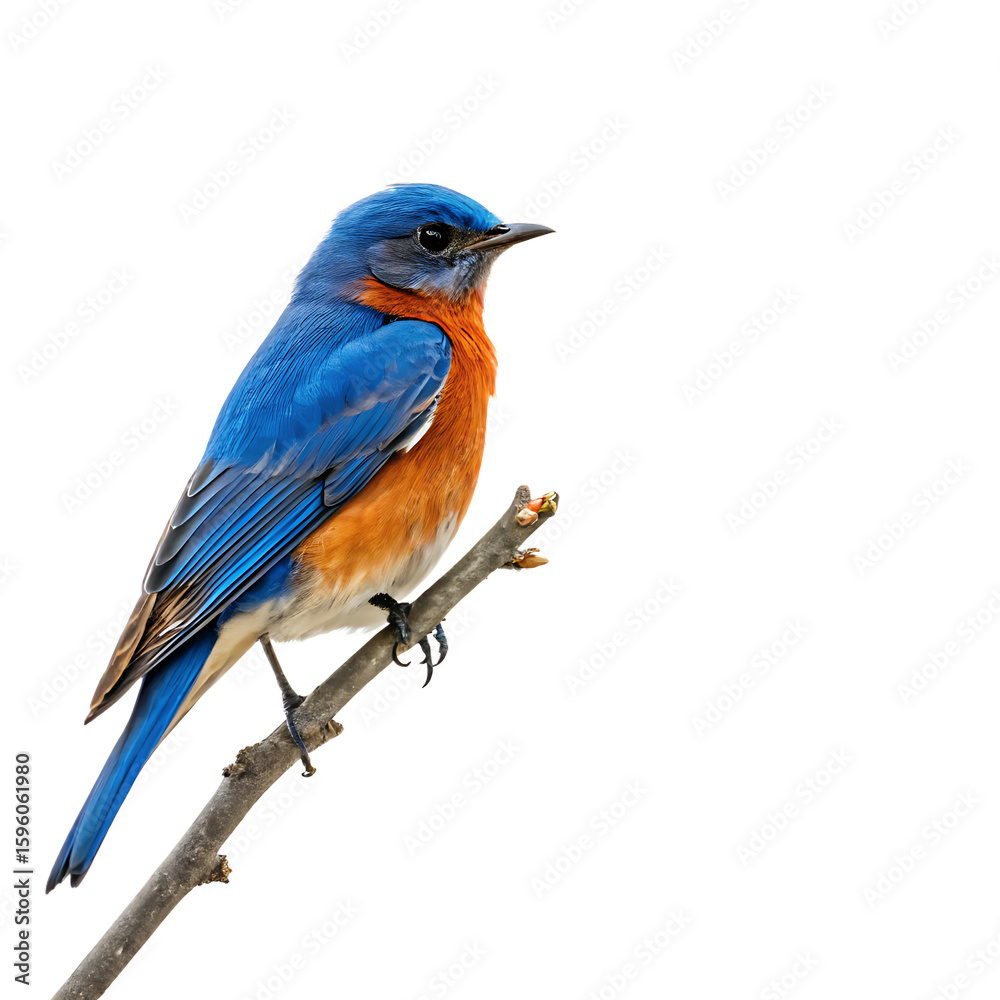 Fototapeta premium Colorful blue and orange exotic bird kingfisher sitting on a perch isolated on a transparent background png