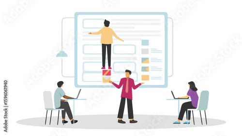 Illustration of three people working with a large digital display and using laptops at desks