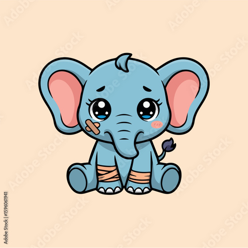 Clean and modern vector  cute cartoon elephant illustration for kids design and animal lovers with sad eyes and bandage on trunk