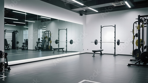 Modern gym interior with weightlifting equipment and mirrored walls