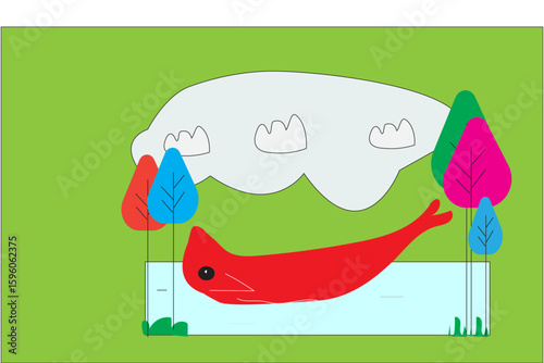Red fish in natural pond with colorful trees and cloud above, creative outdoor scene for ecology, nature awareness, and wildlife illustration use

