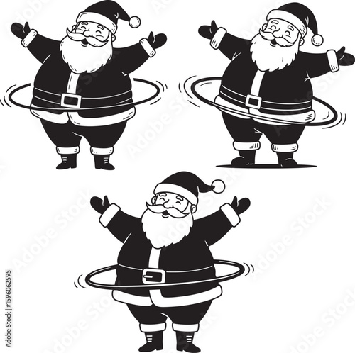 Three santa claus figures hula hooping silhouette