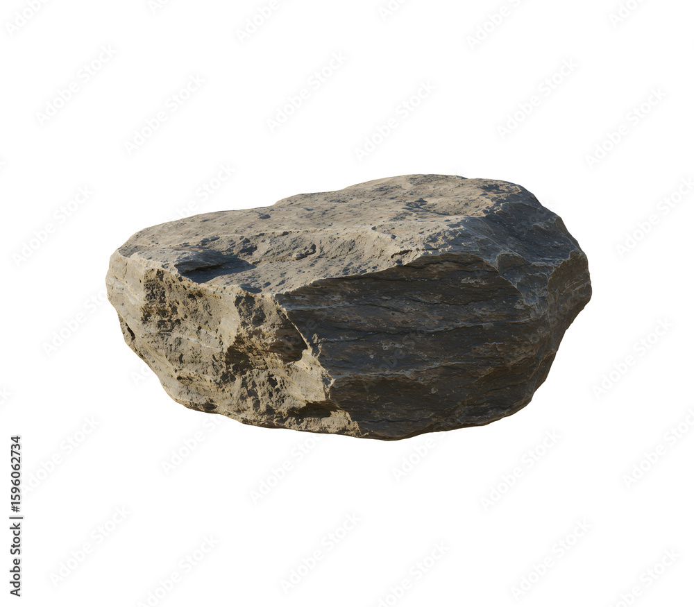 Fototapeta premium A jagged gray granite boulder with deep cracks and rough textures, isolated on a transparent background, ideal for geology visuals, landscaping designs, and natural terrain mockups.