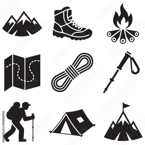 Hiking and camping equipment icons, including tent, boots, map, rope, campfire, and mountain