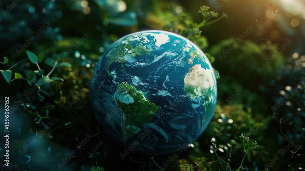 Close-up of a blue globe surrounded by green foliage and moss, symbolizing nature's nurturing power.