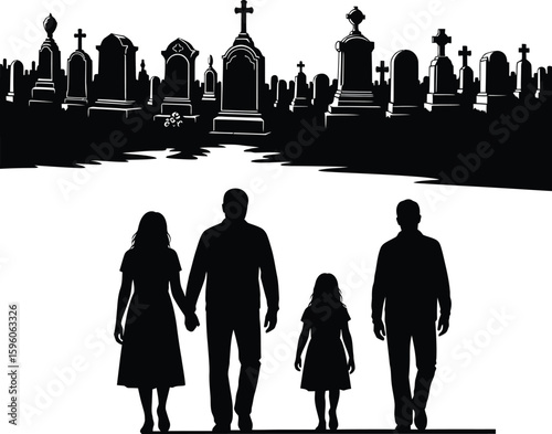 Family visiting cemetery silhouette vector illustration memorial day remembrance day