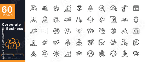 Corporate and Business Outline Icons Set - Management, Growth, Strategy, Finance, Vector