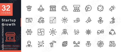 Startup Growth Outline Icons Set - Business, Innovation, Marketing, Success, Vector