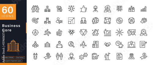 Business Core Outline Icons Set - Management, Growth, Teamwork, Success, Vector