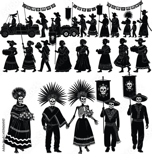 Day of the dead black and white vector illustration dia de muertos silhouette art