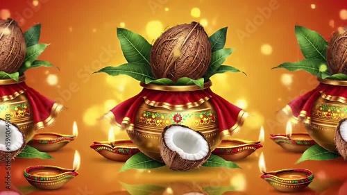 Elegant animation of a decorated Kalash pot with coconut, mango leaves, and red cloth tied around it, glowing diyas (oil lamps) flickering softly, sparkling golden particles floating in the air