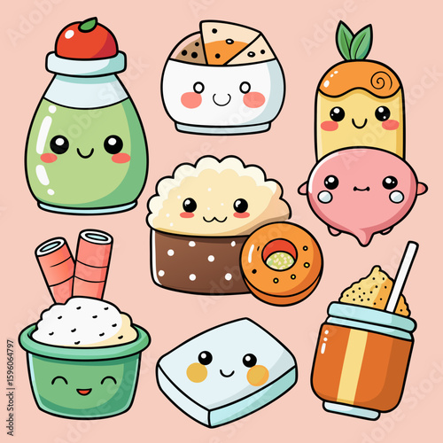 Cute Kawaii Japanese Food Illustration with Soy Sauce Mochi and Other Dishes
