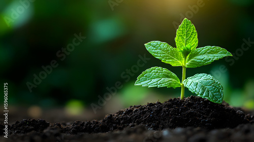 Fresh mint plant growing in rich soil against a blurred natural green background