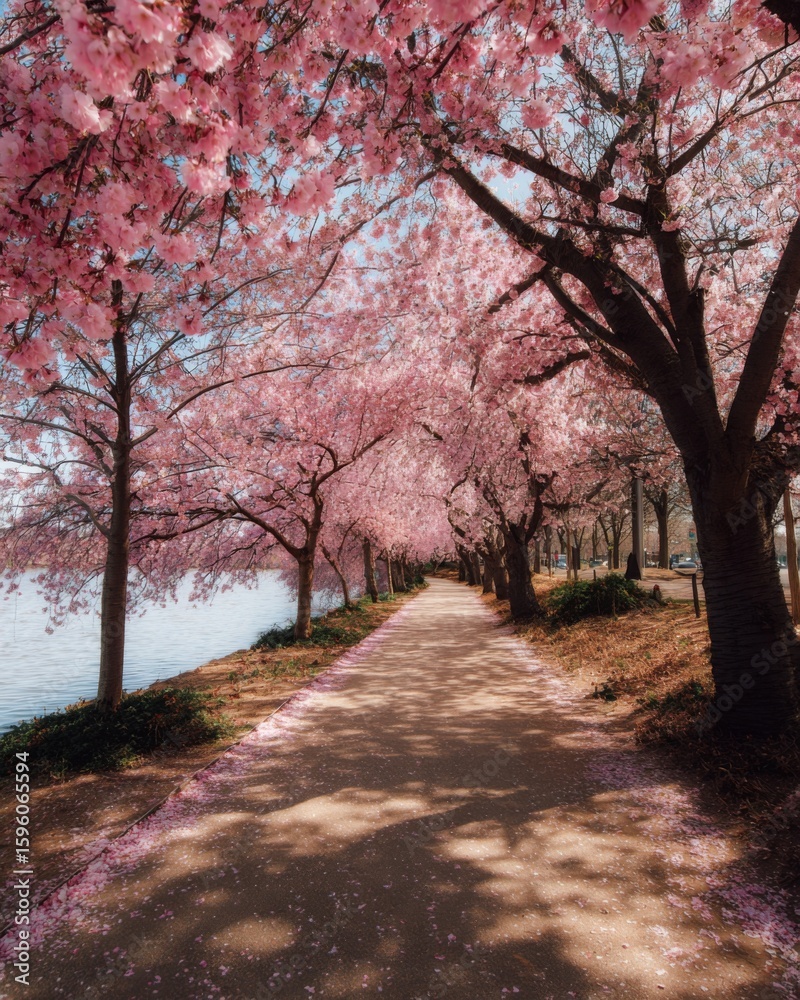 Naklejka premium Serene pathway lined with cherry blossom trees in full bloom