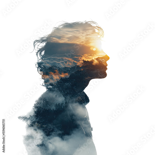 Silhouette of a person with a layered landscape of clouds and sunrise in their head