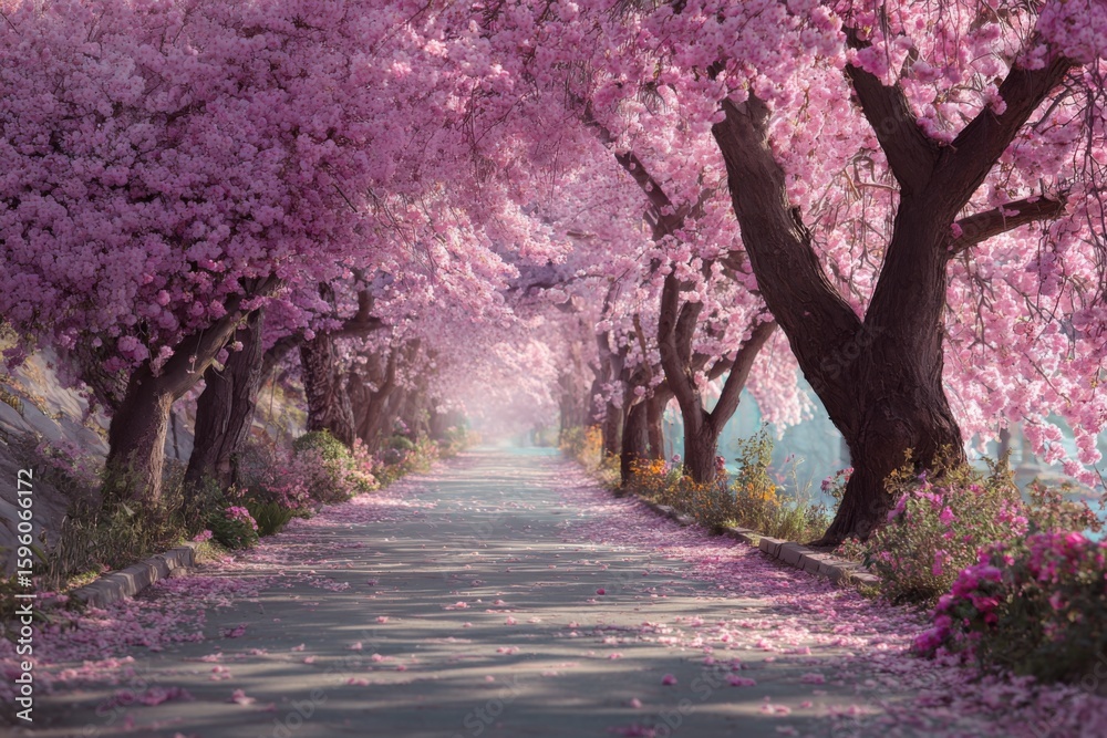 Fototapeta premium Serene pathway lined with cherry blossom trees in full bloom