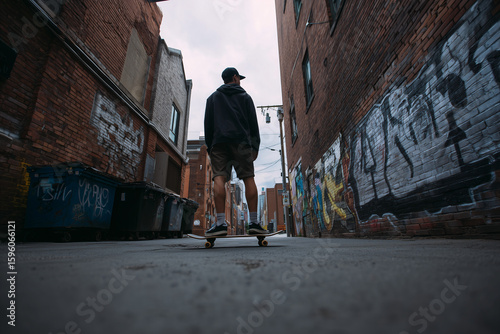 A person is skateboarding in an urban alley