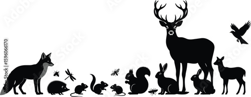 Forest animal silhouette vector illustration, woodland creature set, fox deer rabbit icons, insect figures, cad style art, black white drawing, minimal wildlife sketch