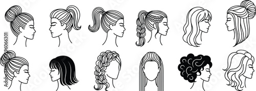 Women hairstyle silhouette vector illustration, ponytail styles, braided hair design, bun variations, side profile sketch, black white artwork