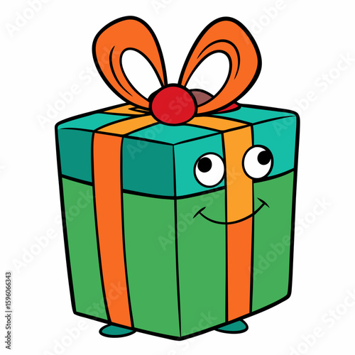 Cartoon gift box with smiling face and colorful bow on top  