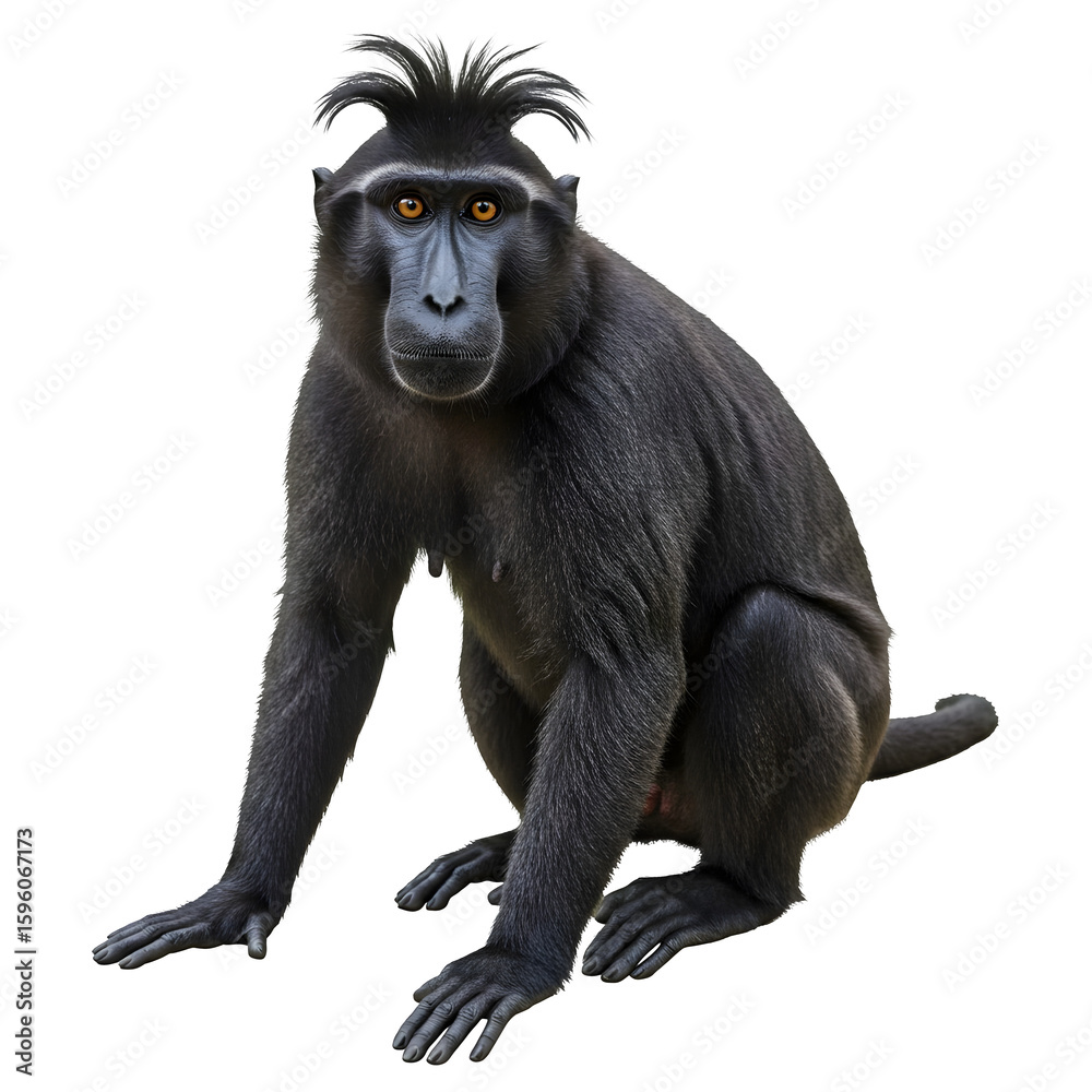 Obraz premium Sulawesi Crested Macaque: A striking image of a Sulawesi crested macaque, showcasing its unique black fur and distinctive crest, sits. Capturing the unique charm of this fascinating primate.