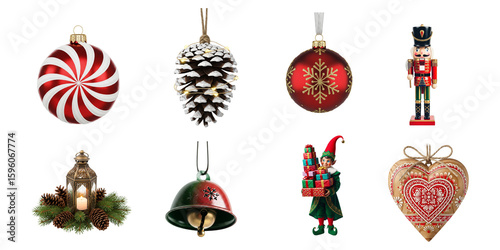 A realistic collection of various Christmas tree ornaments, including a nutcracker, elf, jingle bell, and decorative baubles, isolated on a white background