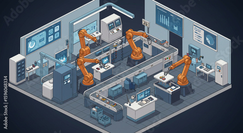 Isometric Robotic Assembly Line: Automated Manufacturing with Orange Arms and Data Displays.