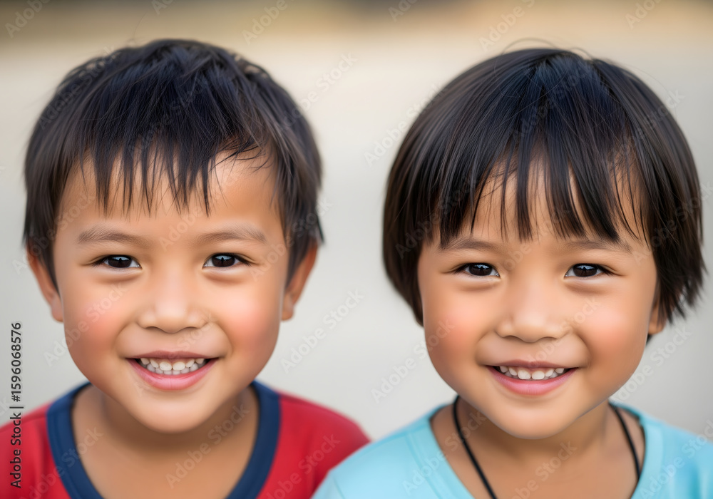Two young children, appearing to be male and female, possibly siblings, smile brightly at the viewer, exuding happiness and innocence Two young children, appearing to be male and female, possibly siblings, smile brightly at the viewer, exuding happiness and innocence