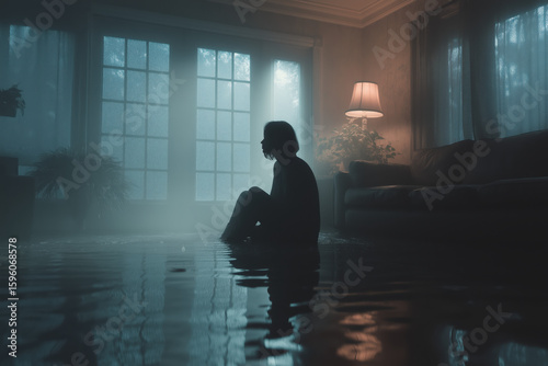 Person Sitting in Flooded Room – Surreal Mental Health Concept